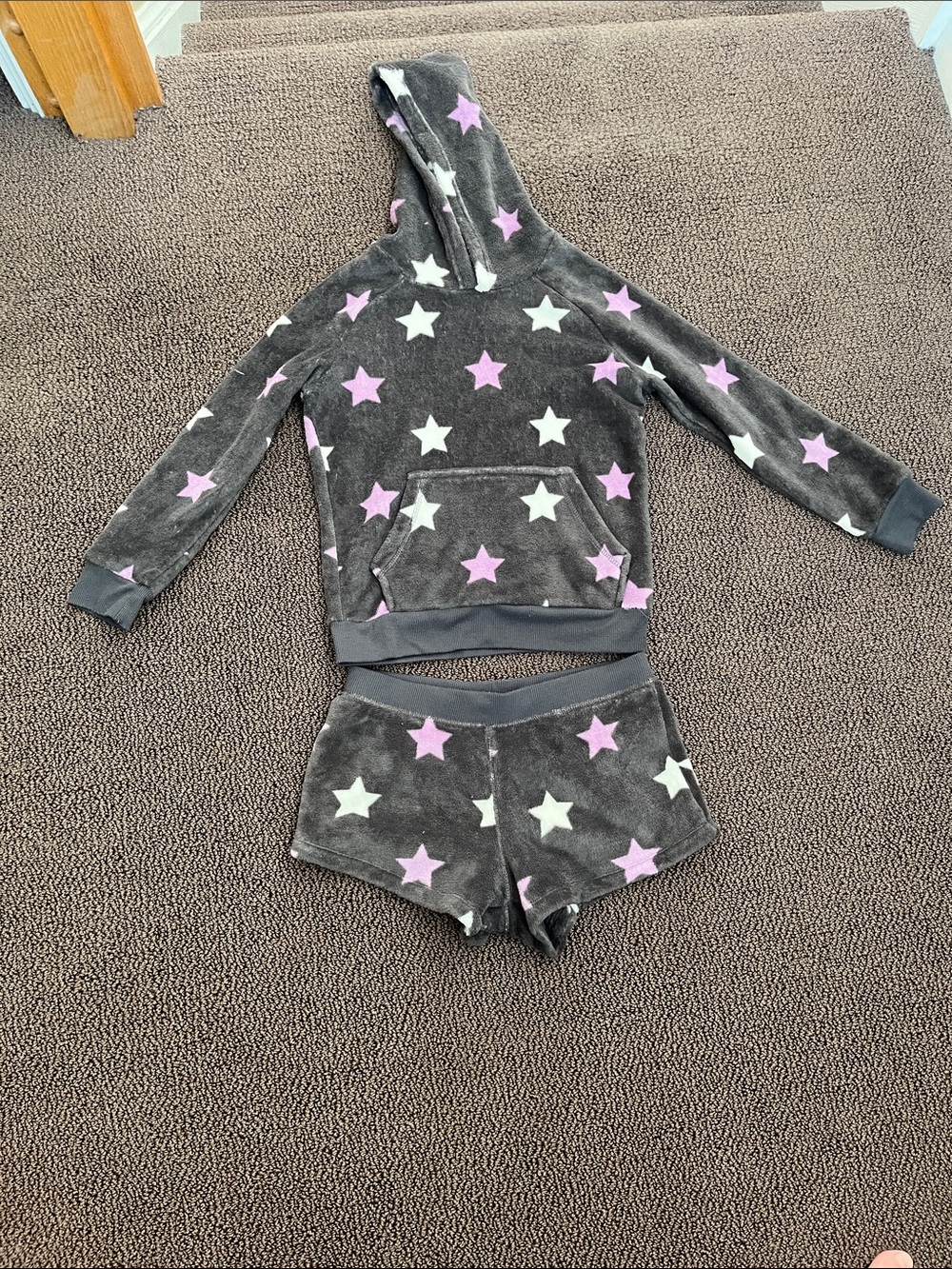 PJ Salvage Kids’ Fleece Star Hoodie & Shorts Set - Gray with Stars, Size XL/16